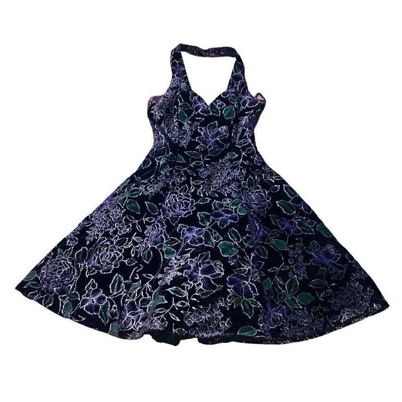 Vtg Steppin’ Out Sz Small Black Purple Green Halter Open Back Mini Dress Velvet - Picture 1 of 6